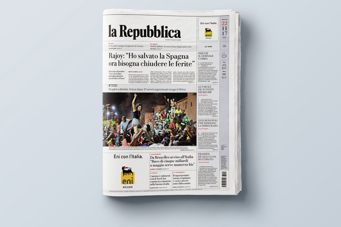 Front page of La Repubblica newspaper