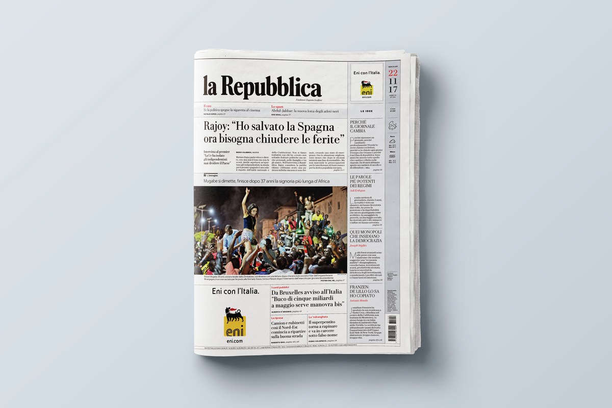 Front page of La Repubblica newspaper