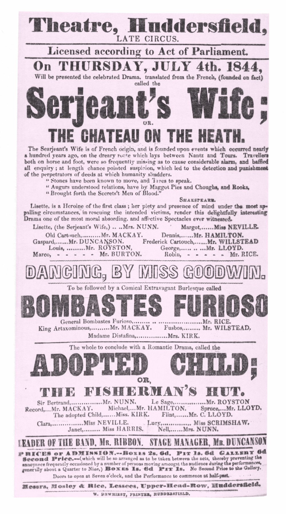A playbill from July 1844. Main listings are for the Serjeant's Wife and the Adopted Child.