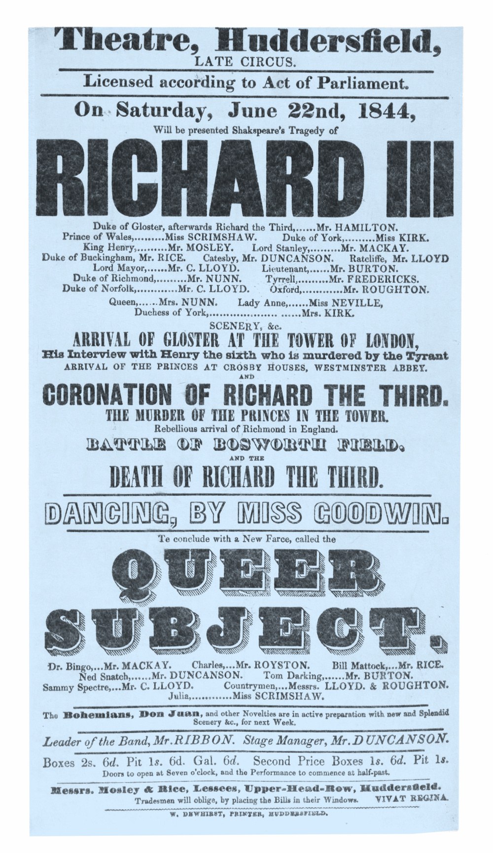A playbill from July 1844. Main listings are for Richard III and Queer Subject.