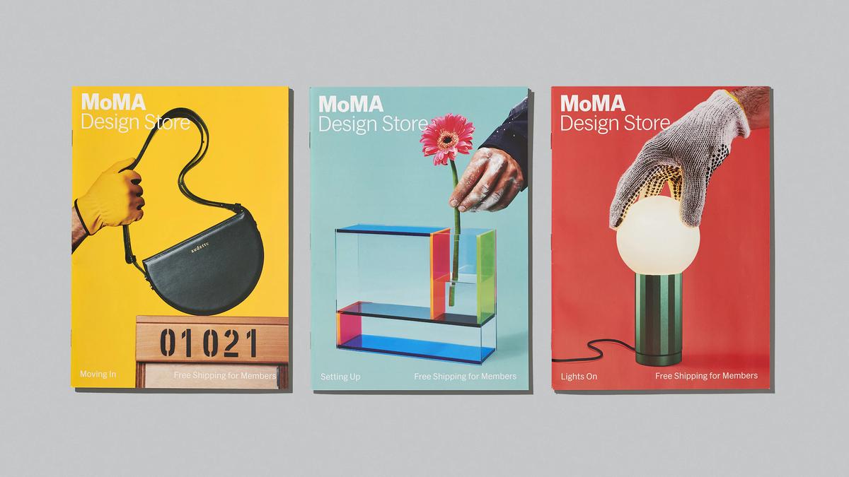 Three covers of MoMA Design store catalogs, with a handbag, a cubic vase, and an abstract lamp