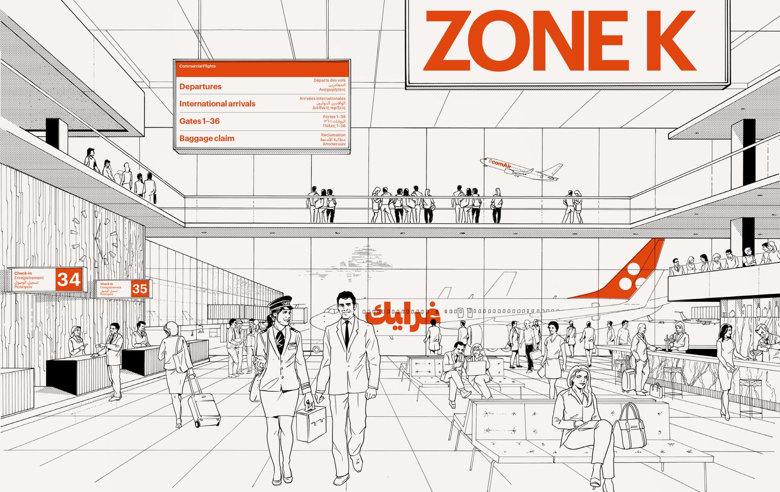 Spread from Graphik specimen booklet, showing people in an airport terminal with text on signs in English, French, Greek, and Arabic.